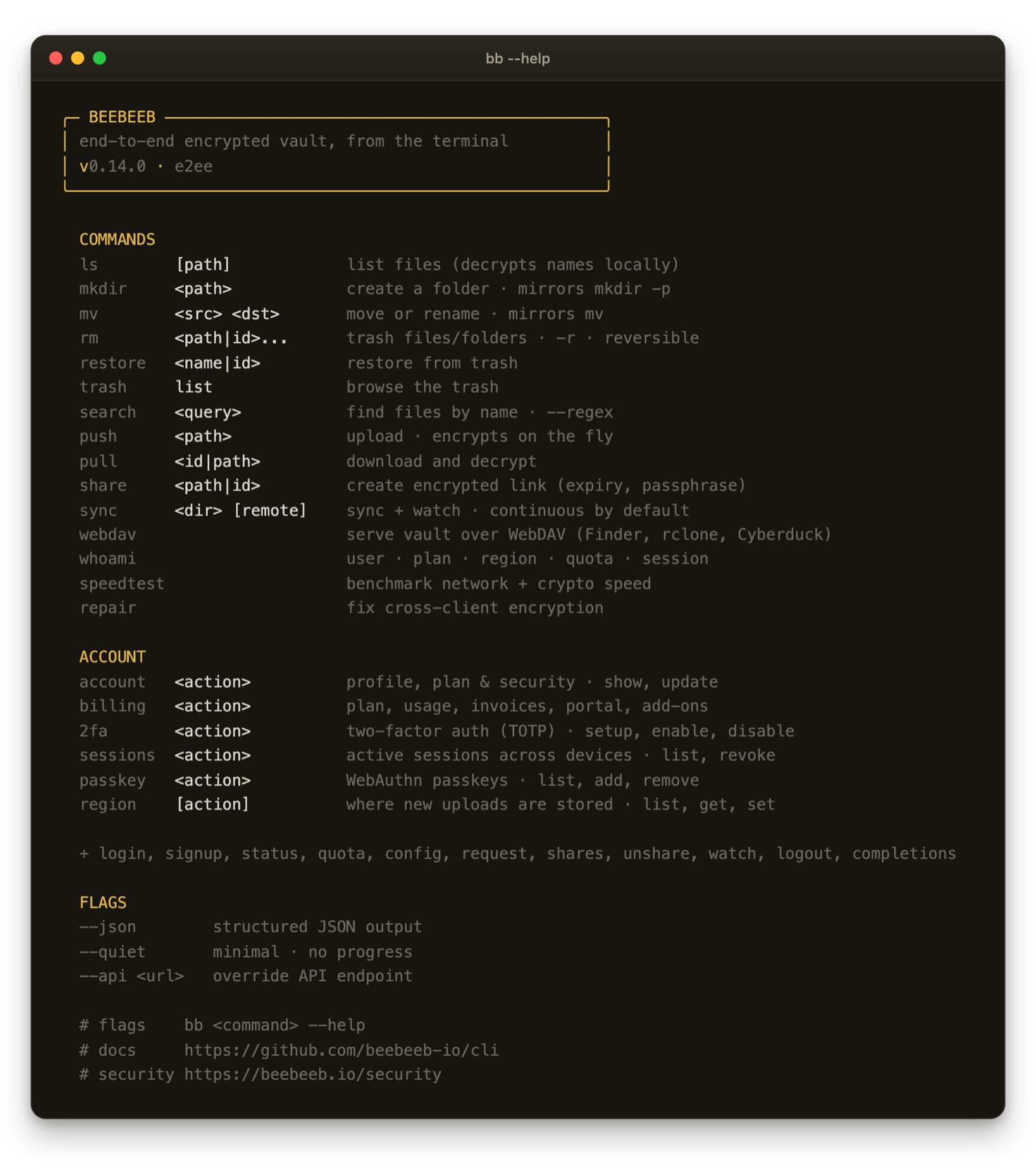 The bb CLI's help screen, listing commands such as ls, push, pull, share, sync and webdav