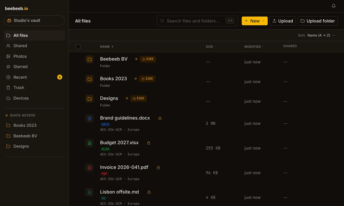 The Beebeeb web app in dark mode: folders on top, three pinned to Quick access, then encrypted files with their sizes.