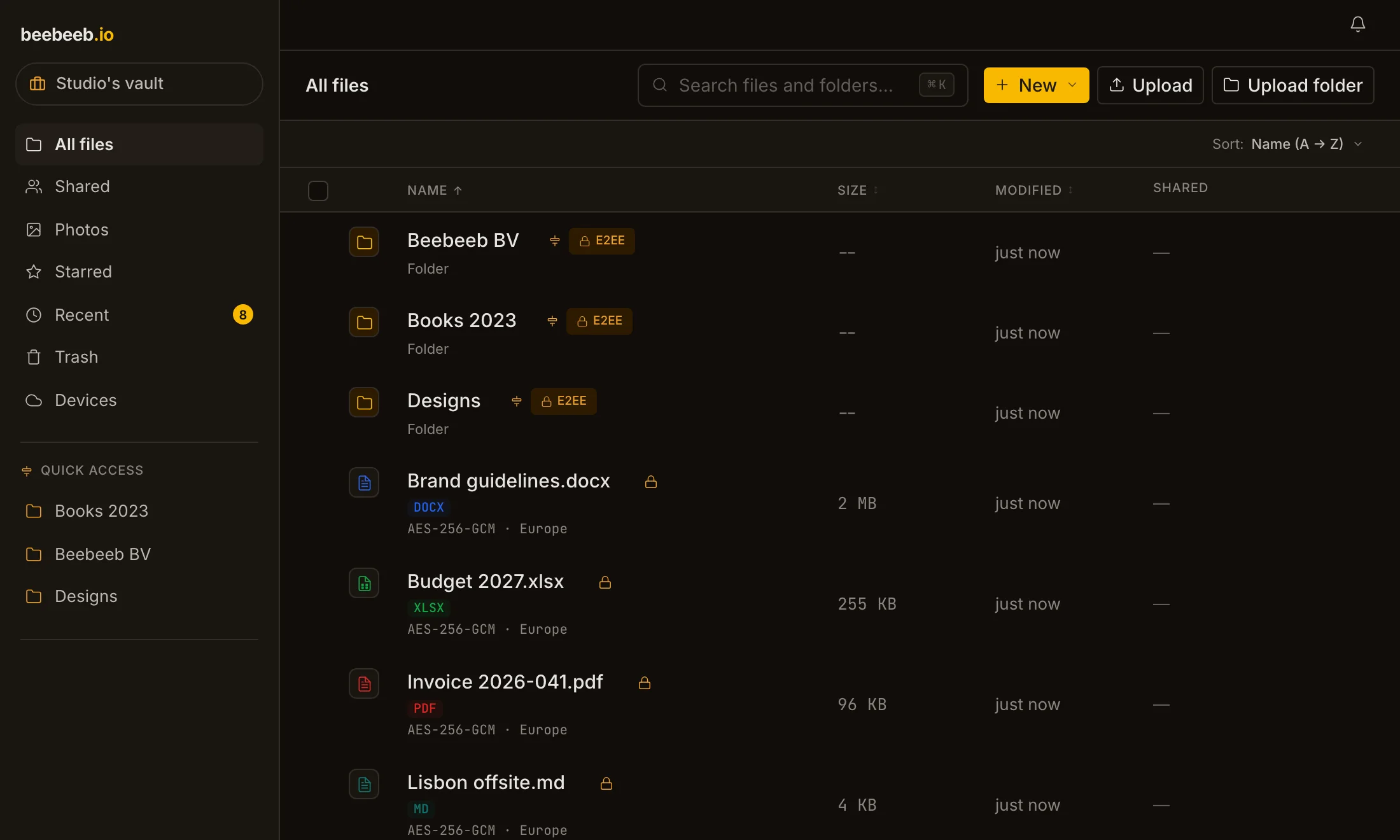 The Beebeeb web app showing a list of encrypted files with their sizes and encryption details